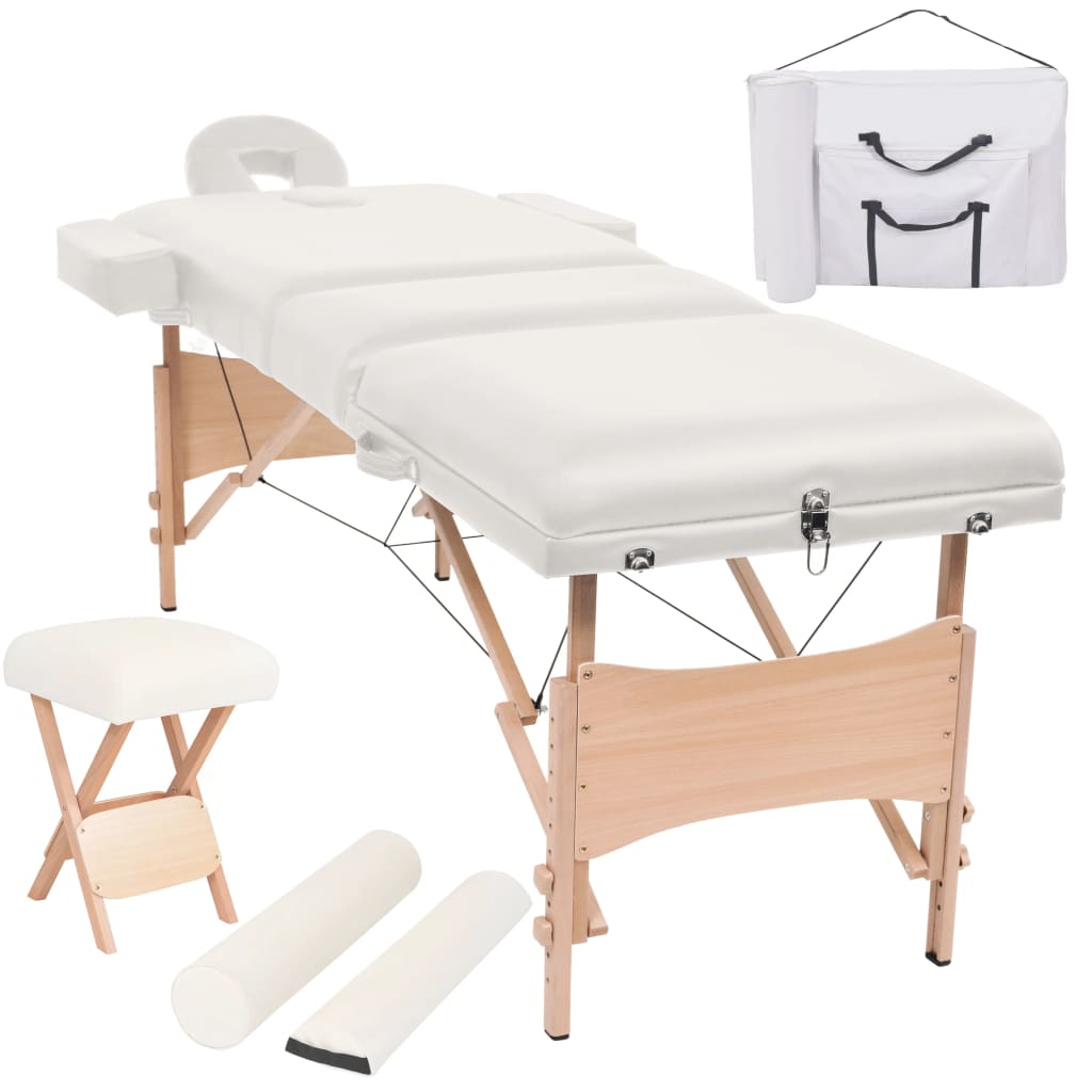 Massagetafel- en krukset inklapbaar 3 zones 10 cm dik wit