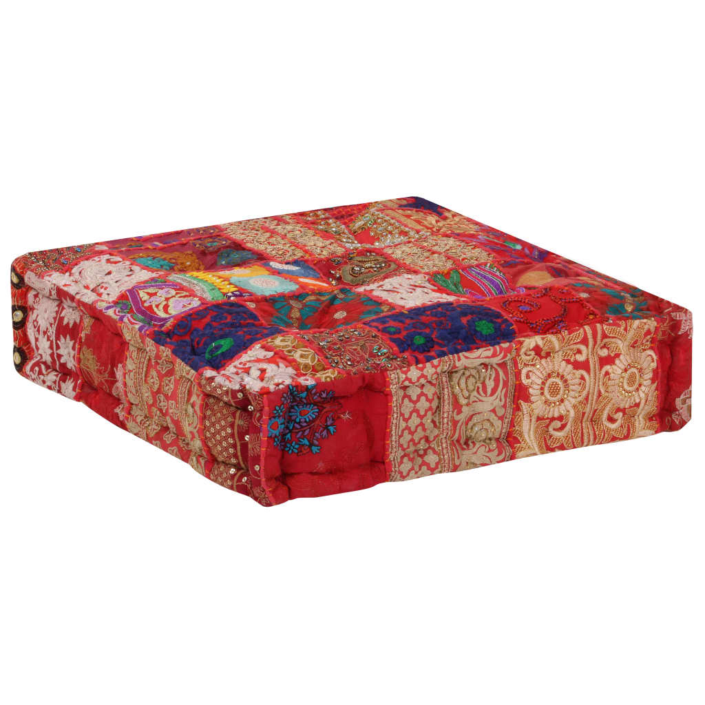 Poef patchwork vierkant handgemaakt 50x50x12 cm katoen rood