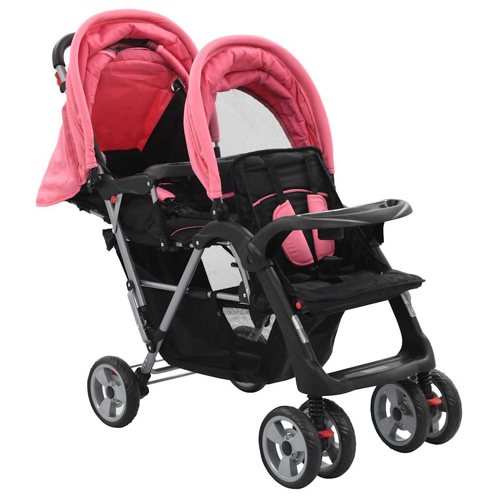 Kinderwagen dubbel staal roze en zwart