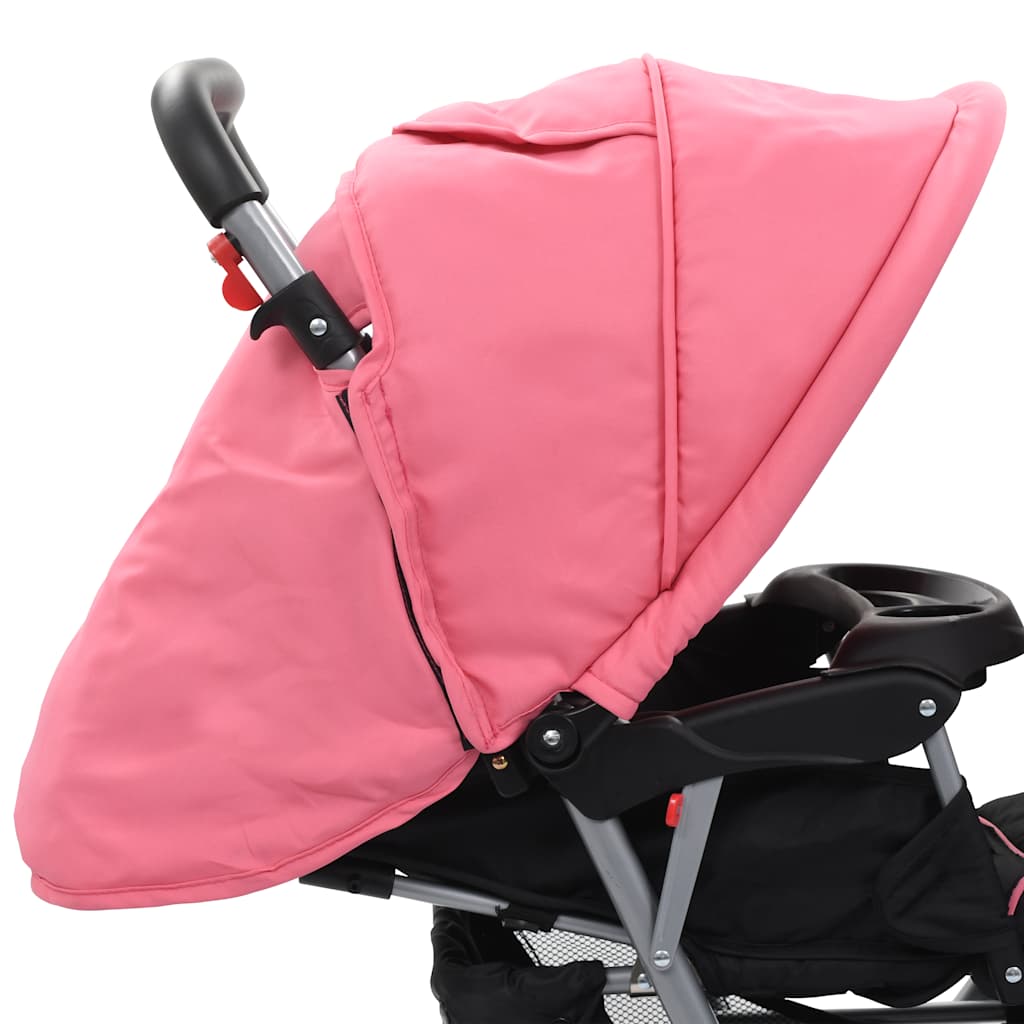 Kinderwagen dubbel staal roze en zwart