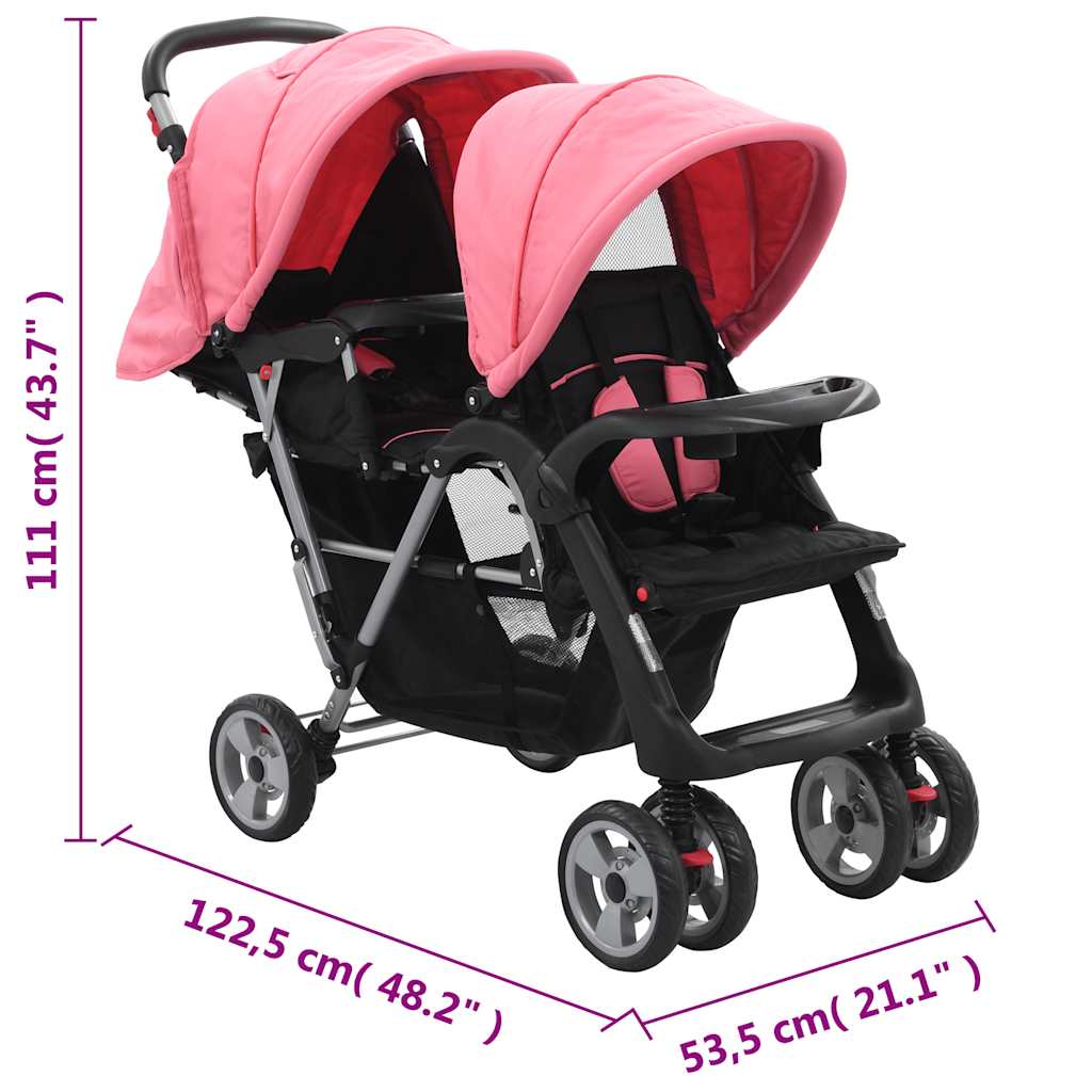 Kinderwagen dubbel staal roze en zwart