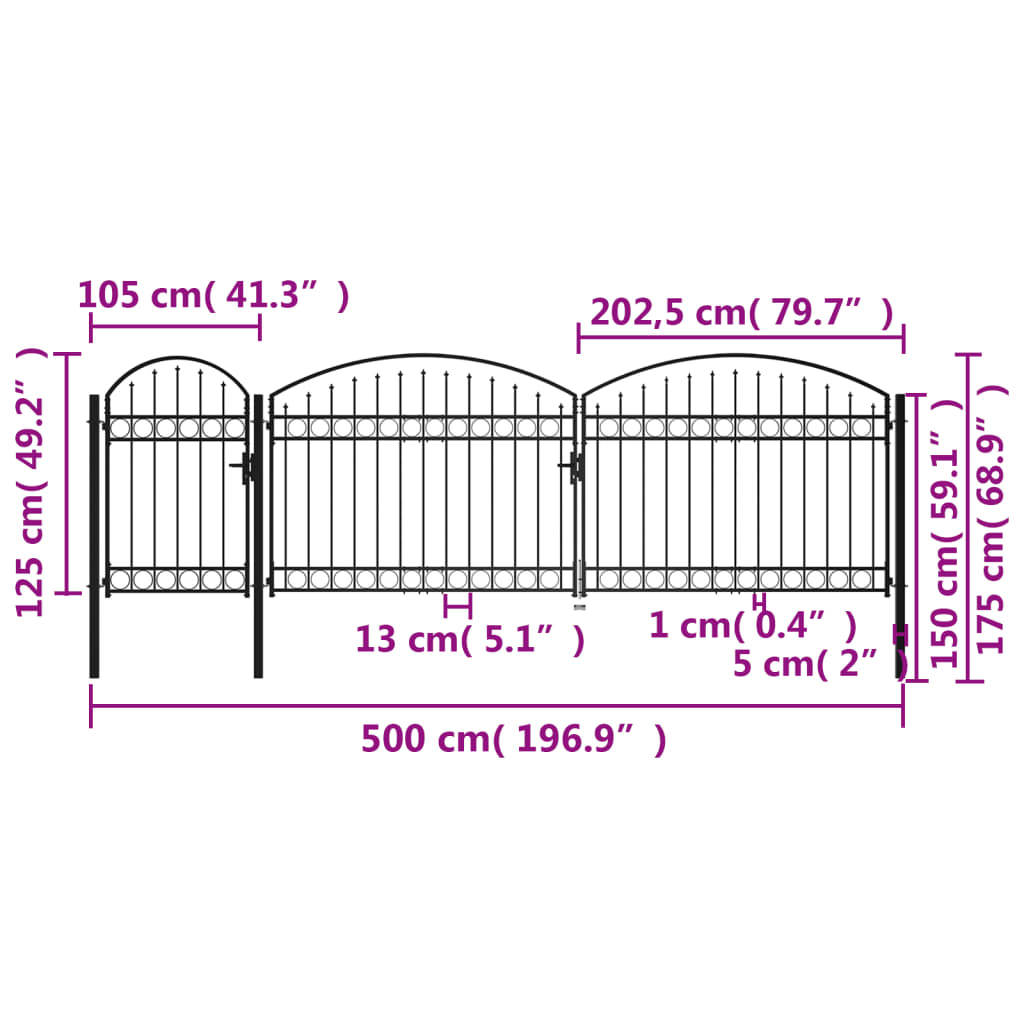 Tuinpoort met gebogen bovenkant 1,75x5 m staal zwart