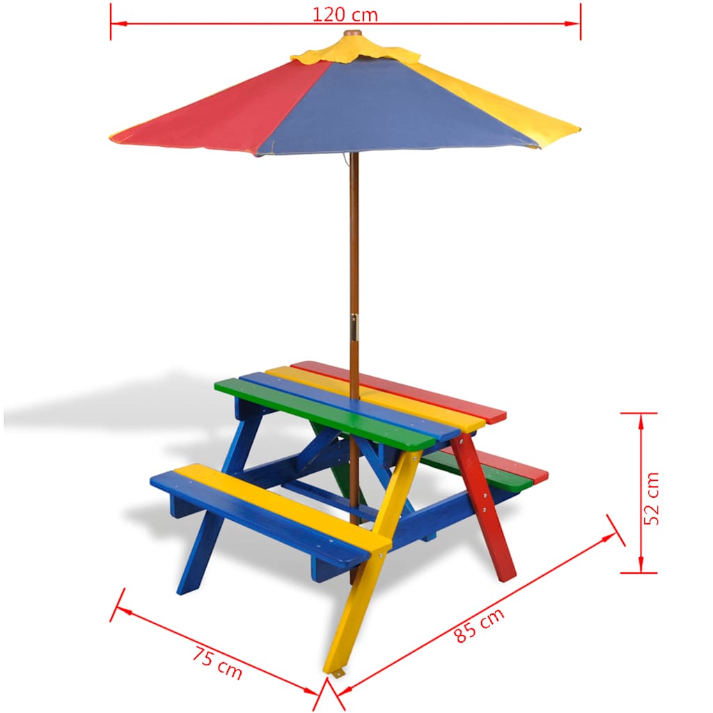 Kinderpicknicktafel met banken en parasol hout meerkleurig