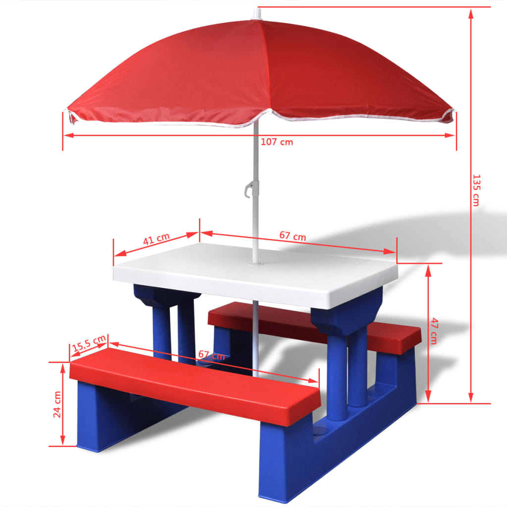 Kinderpicknicktafel met banken en parasol meerkleurig