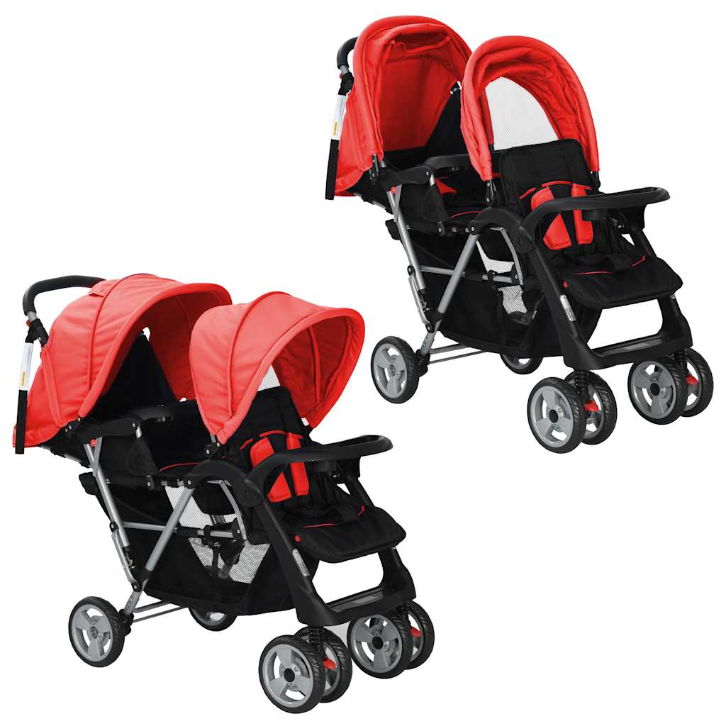 Kinderwagen dubbel staal rood en zwart