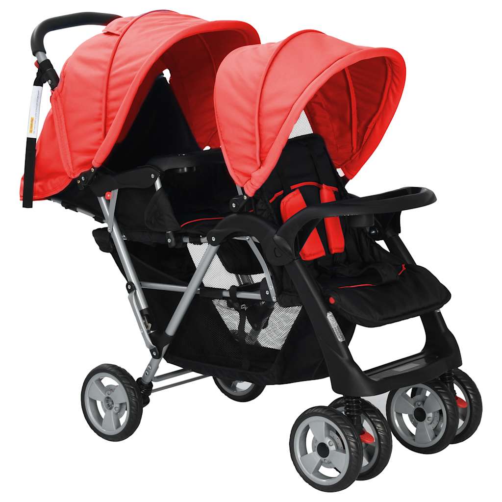 Kinderwagen dubbel staal rood en zwart