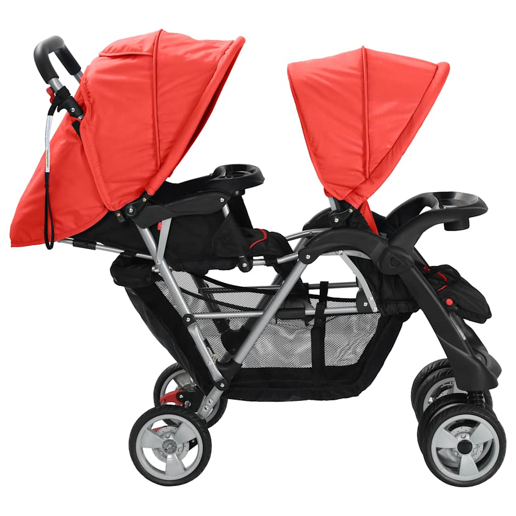 Kinderwagen dubbel staal rood en zwart