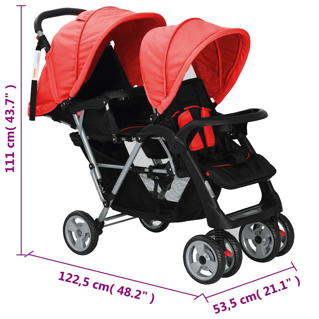 Kinderwagen dubbel staal rood en zwart