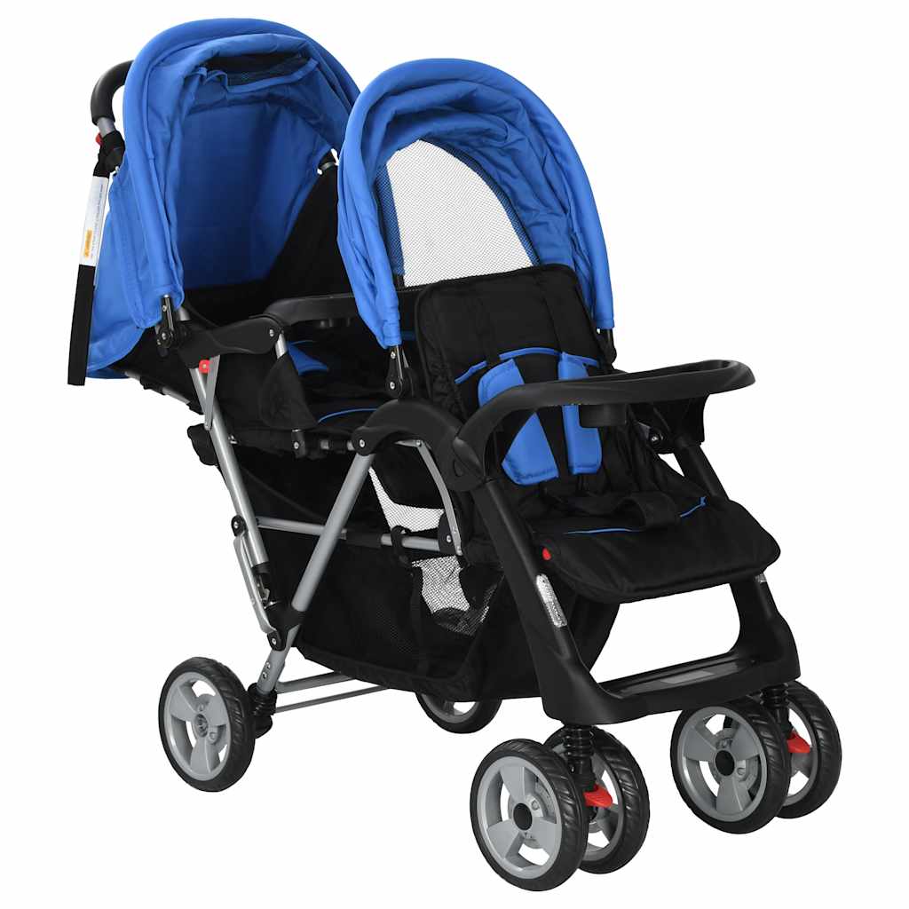 Kinderwagen dubbel staal blauw en zwart