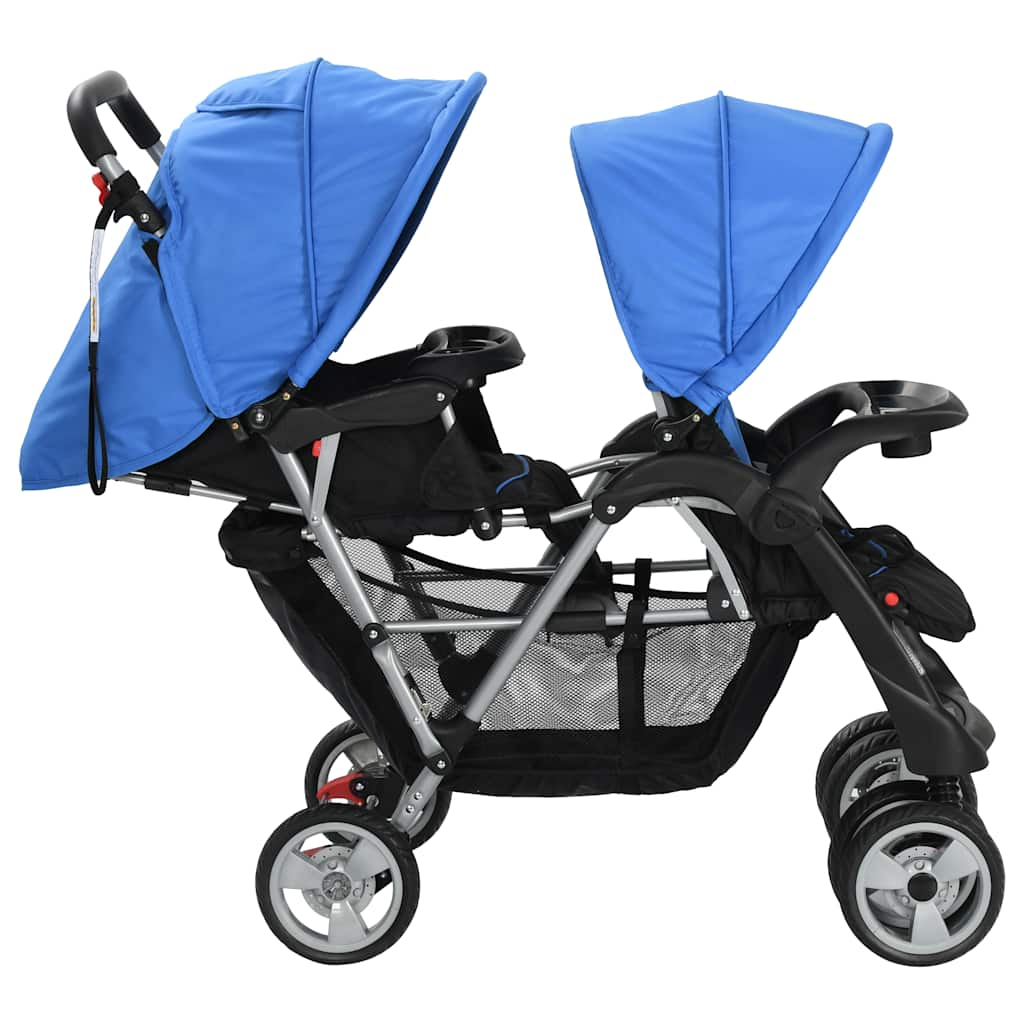 Kinderwagen dubbel staal blauw en zwart