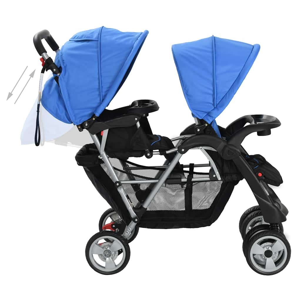 Kinderwagen dubbel staal blauw en zwart