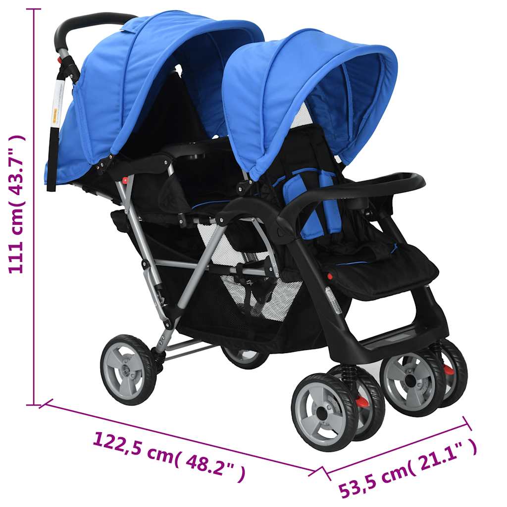 Kinderwagen dubbel staal blauw en zwart