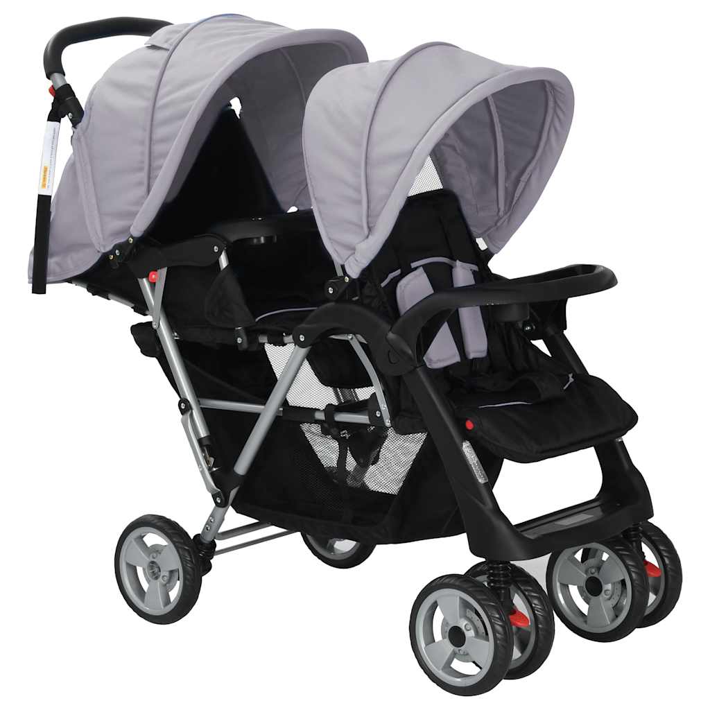 Kinderwagen dubbel staal grijs en zwart