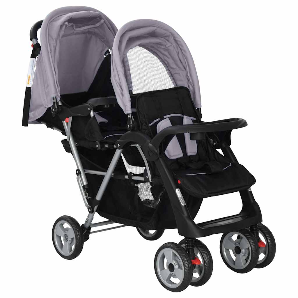 Kinderwagen dubbel staal grijs en zwart