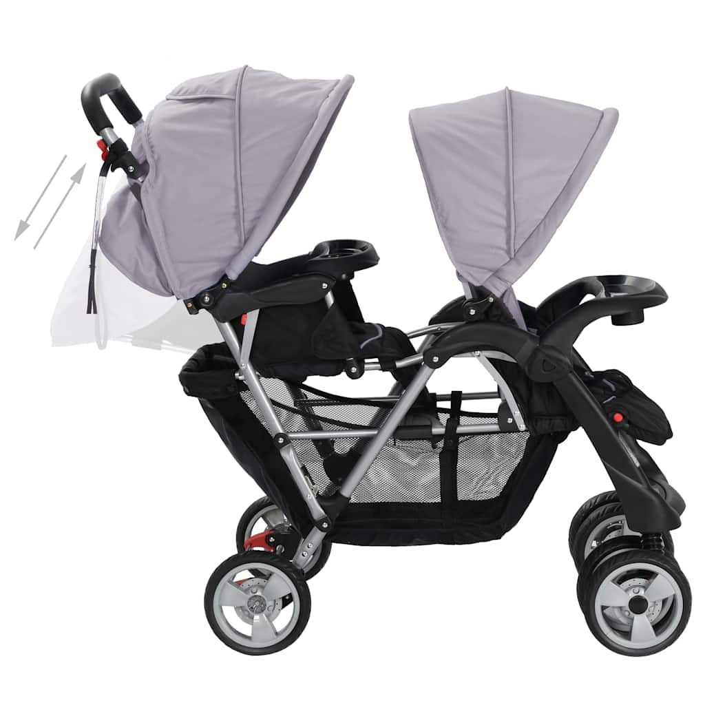 Kinderwagen dubbel staal grijs en zwart