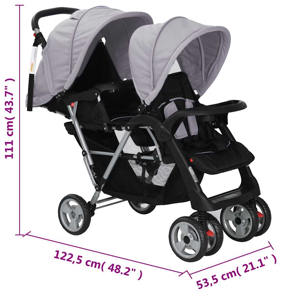 Kinderwagen dubbel staal grijs en zwart