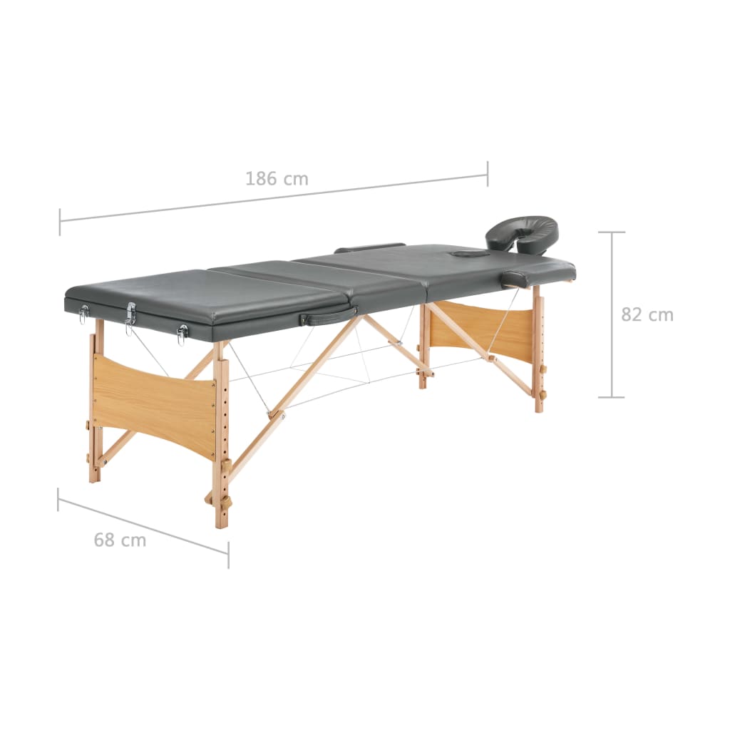 Massagetafel met 3 zones 186x68 cm houten frame antraciet