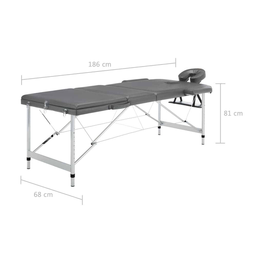 Massagetafel met 3 zones 186x68 cm aluminium frame antraciet