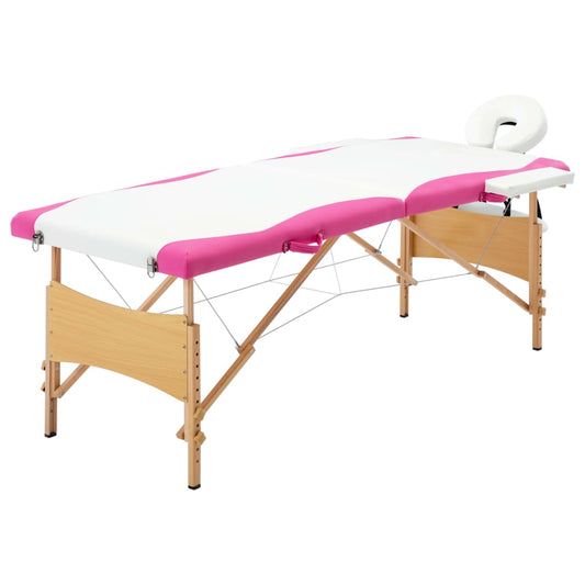 Massagetafel inklapbaar 2 zones hout wit en roze