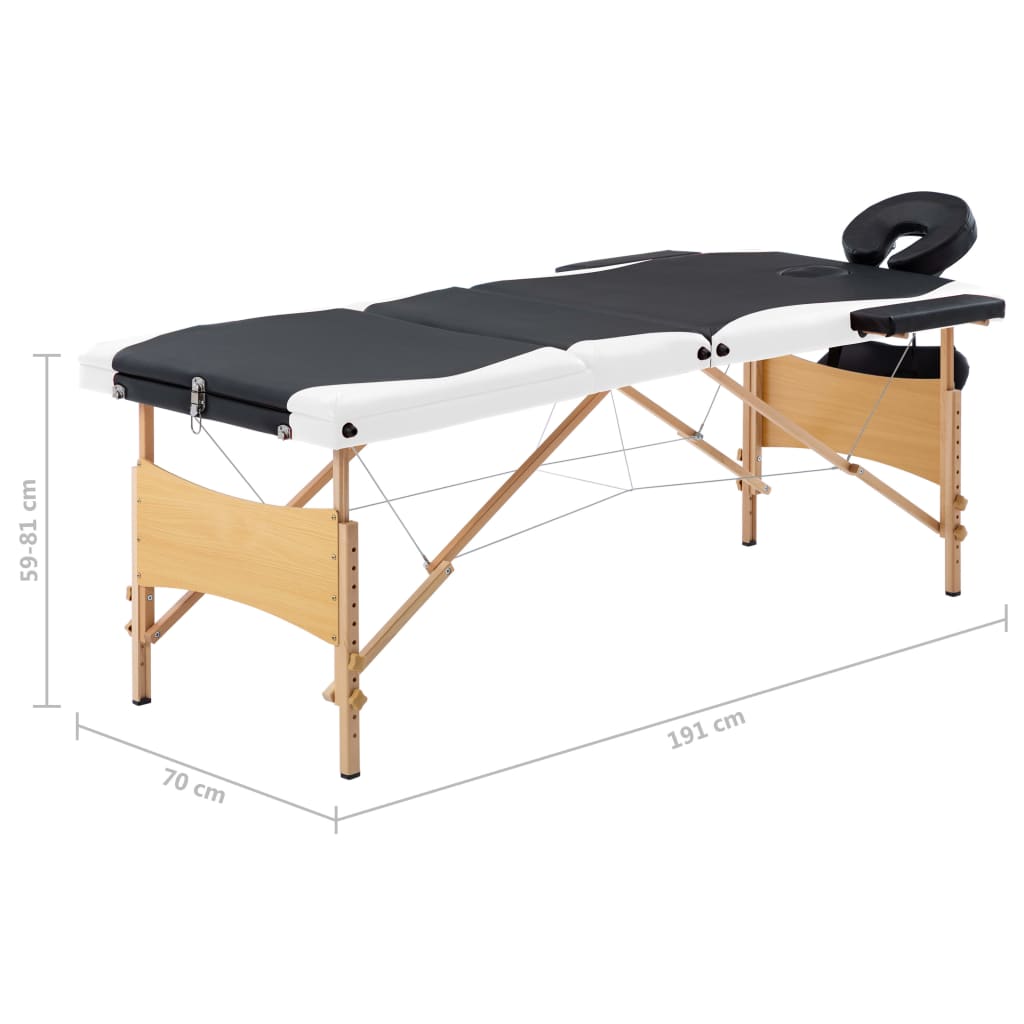 Massagetafel inklapbaar 3 zones hout zwart en wit