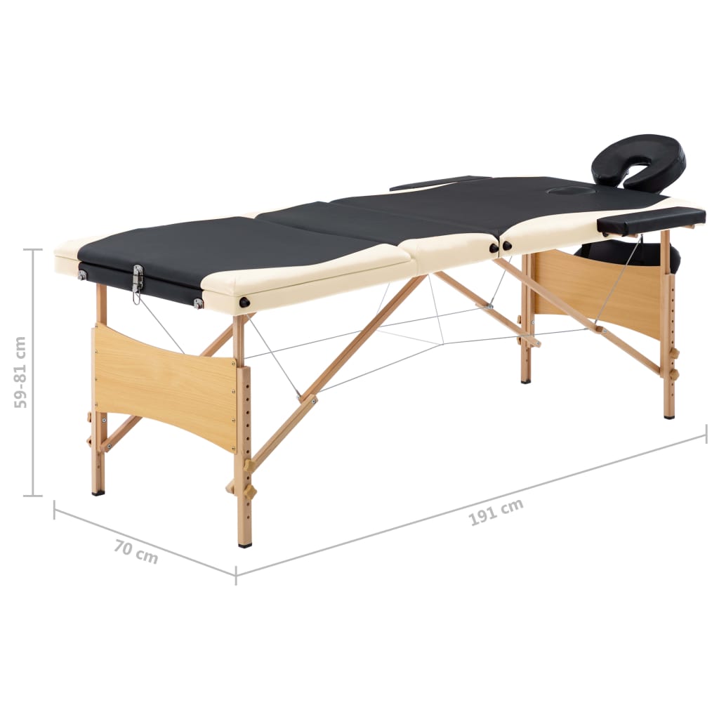 Massagetafel inklapbaar 3 zones hout zwart en beige