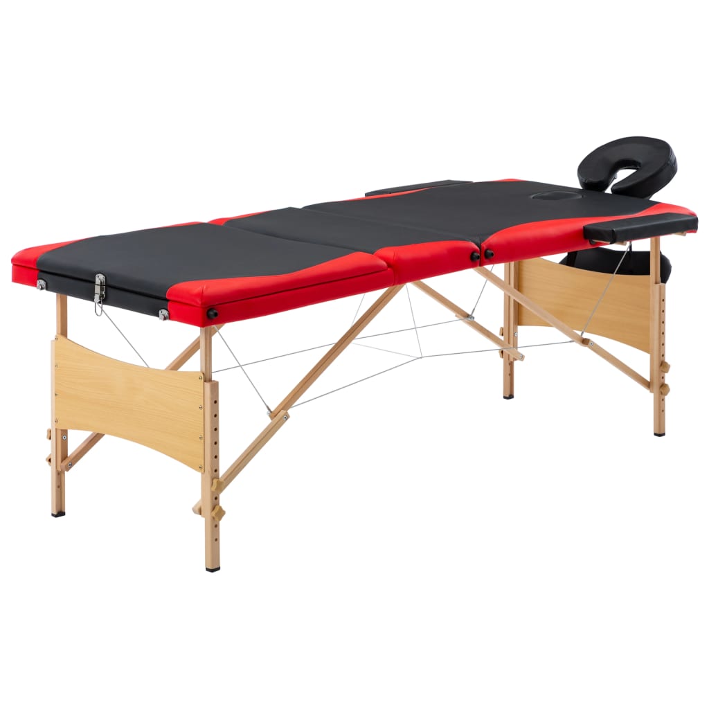 Massagetafel inklapbaar 3 zones hout zwart en rood