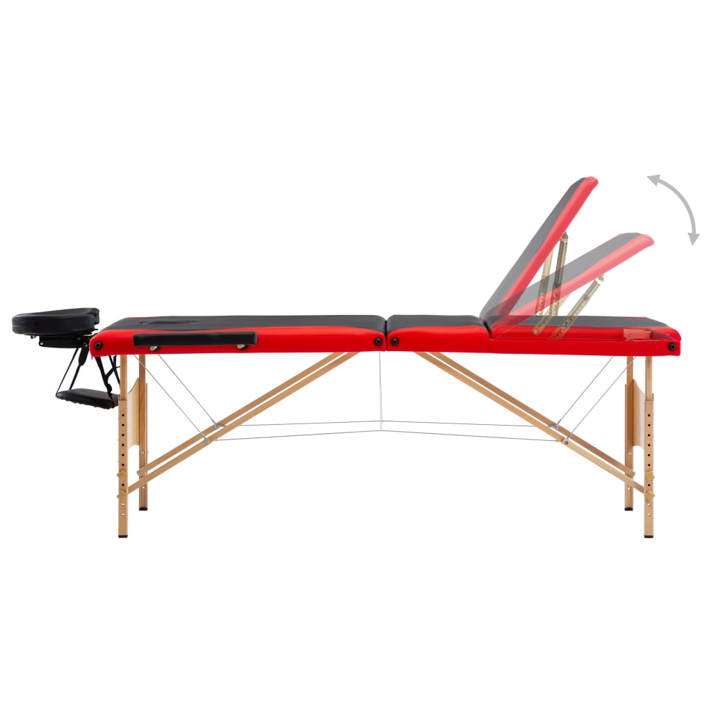 Massagetafel inklapbaar 3 zones hout zwart en rood