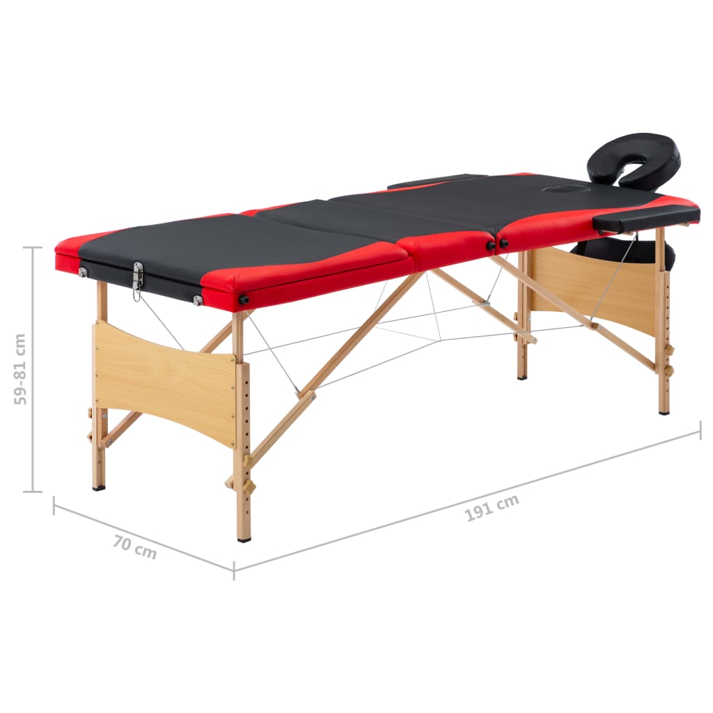 Massagetafel inklapbaar 3 zones hout zwart en rood