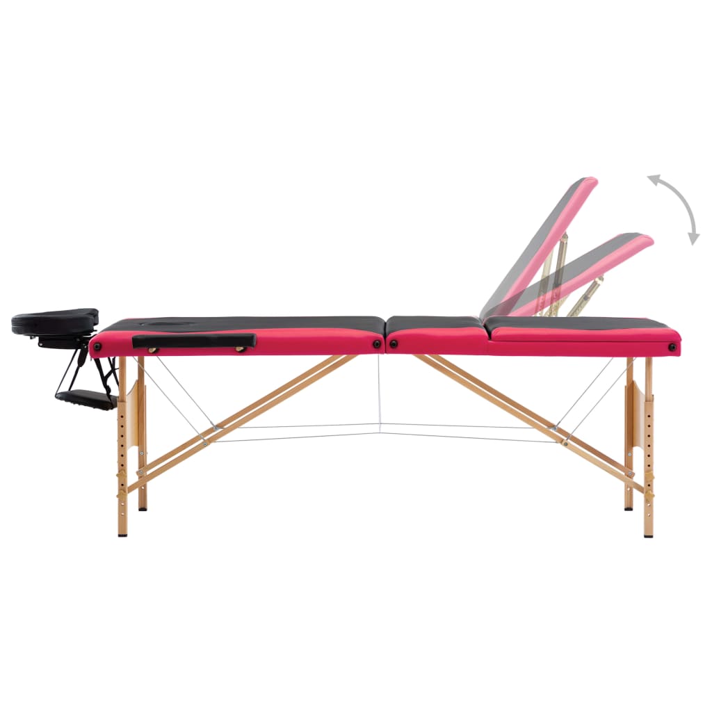 Massagetafel inklapbaar 3 zones hout zwart en roze