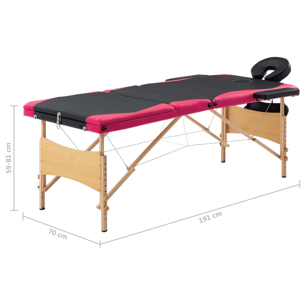 Massagetafel inklapbaar 3 zones hout zwart en roze