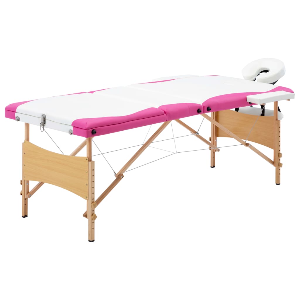 Massagetafel inklapbaar 3 zones hout wit en roze