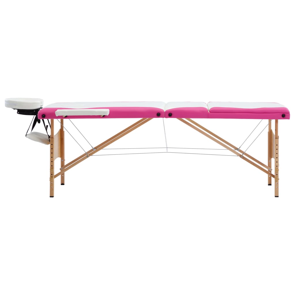 Massagetafel inklapbaar 3 zones hout wit en roze