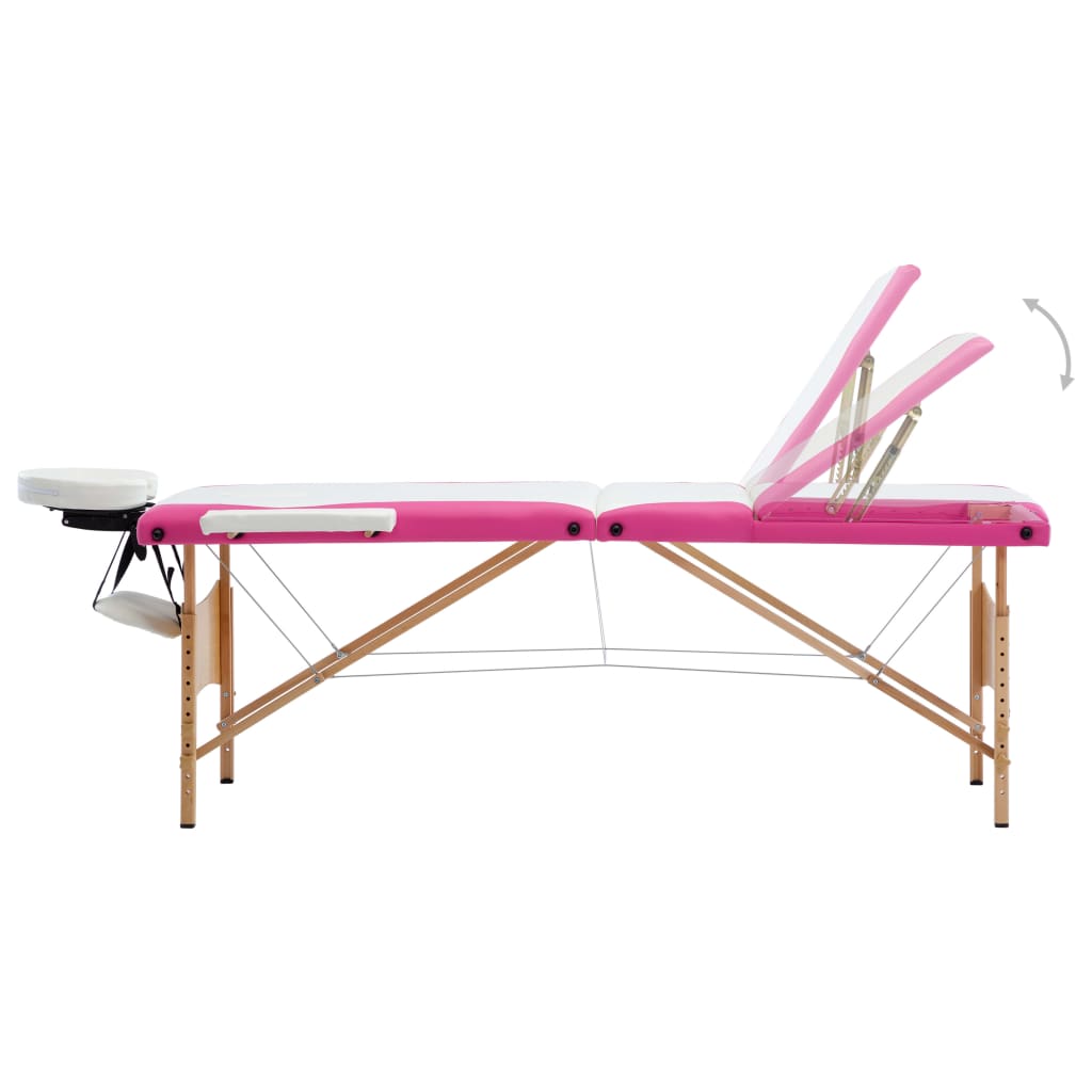 Massagetafel inklapbaar 3 zones hout wit en roze