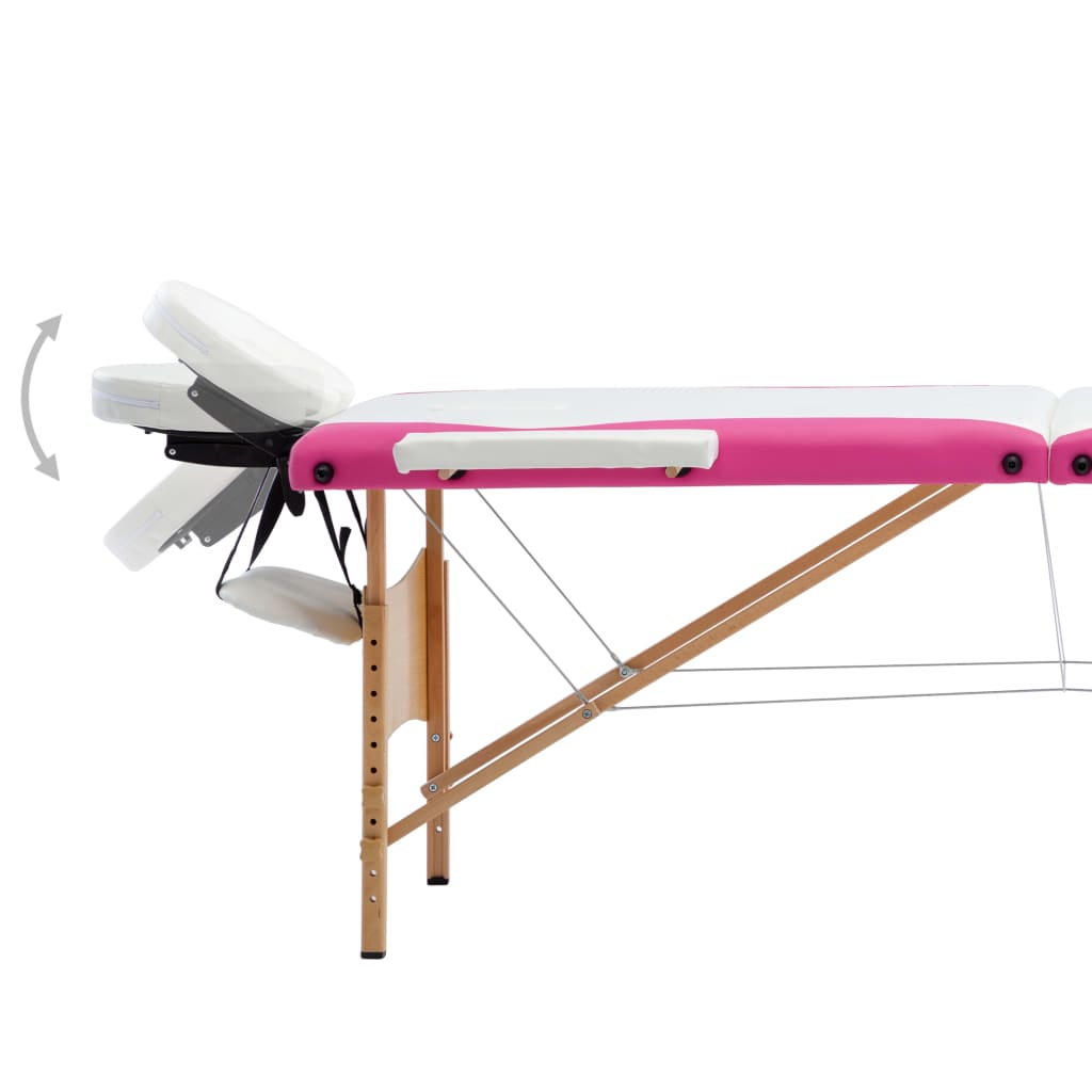 Massagetafel inklapbaar 3 zones hout wit en roze