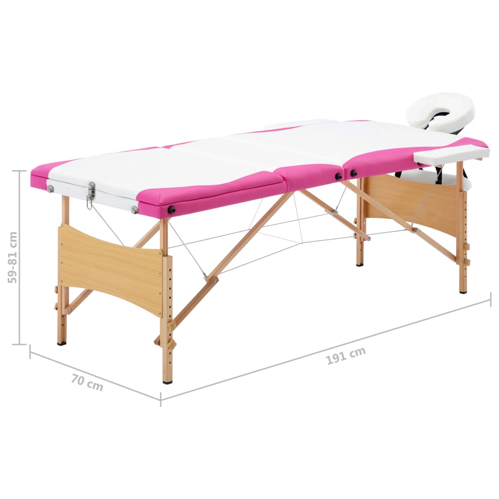 Massagetafel inklapbaar 3 zones hout wit en roze