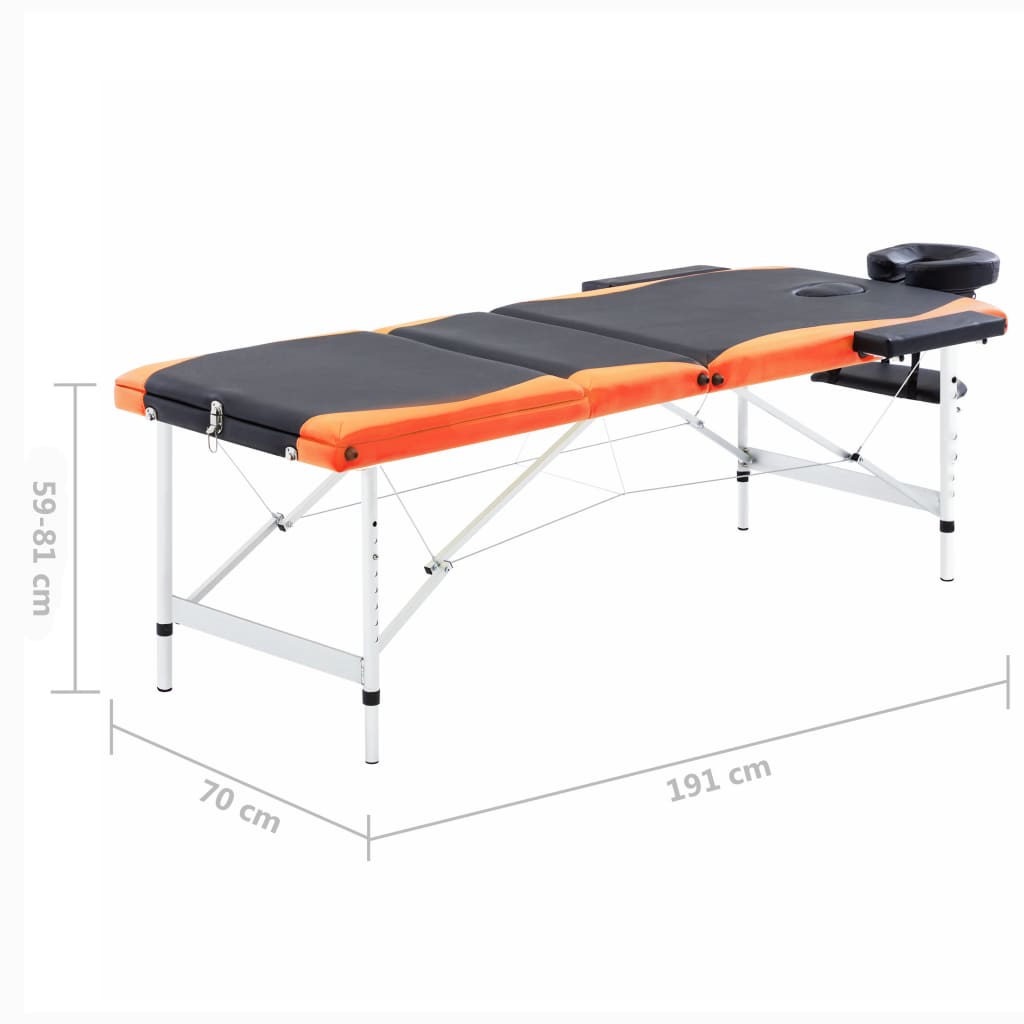 Massagetafel inklapbaar 3 zones aluminium zwart en oranje