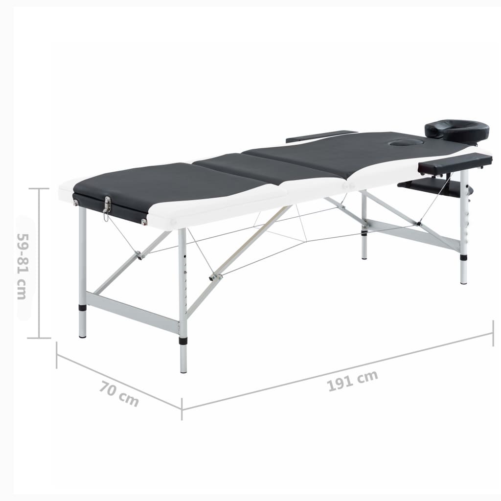 Massagetafel inklapbaar 3 zones aluminium zwart en wit