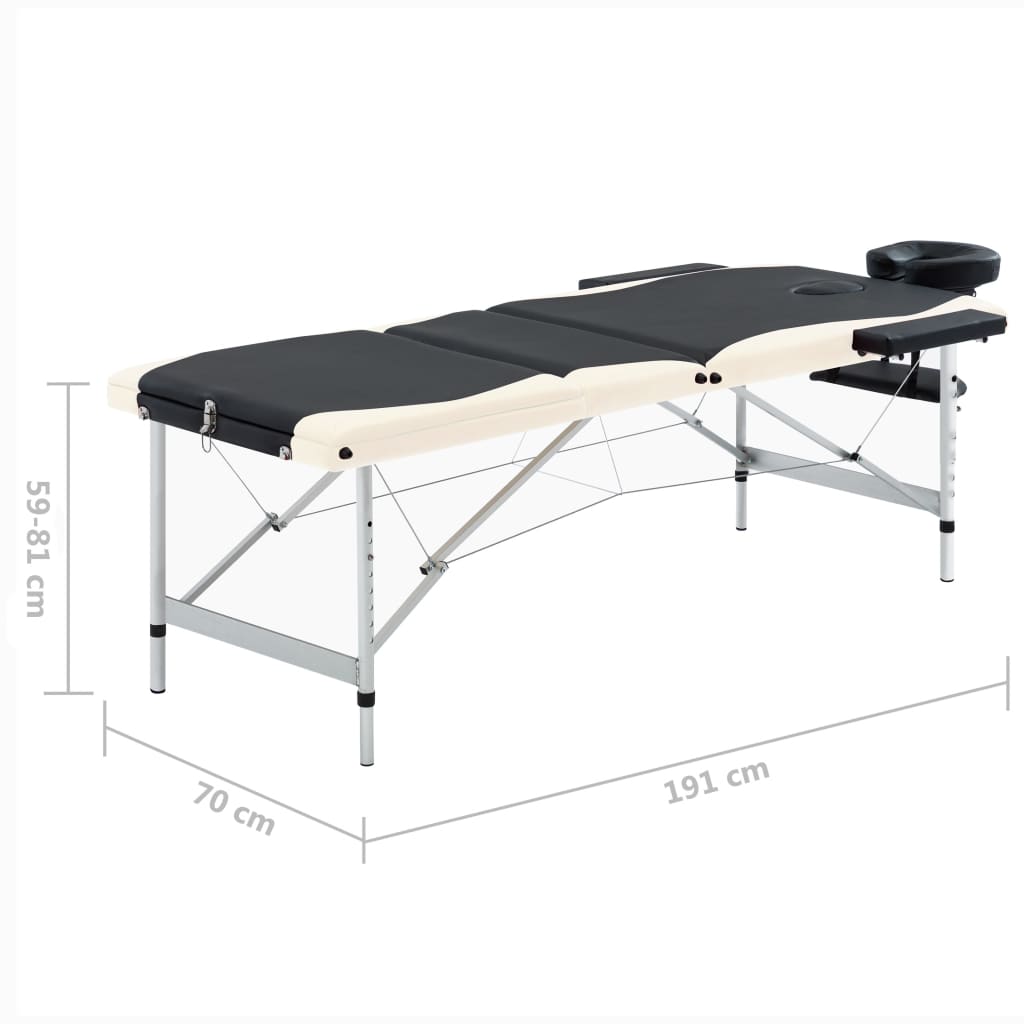 Massagetafel inklapbaar 3 zones aluminium zwart en beige