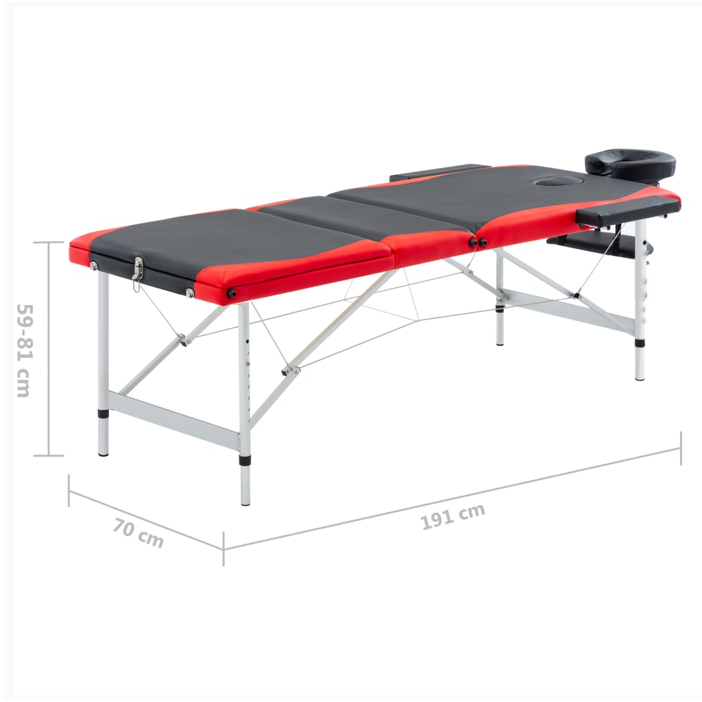 Massagetafel inklapbaar 3 zones aluminium zwart en rood