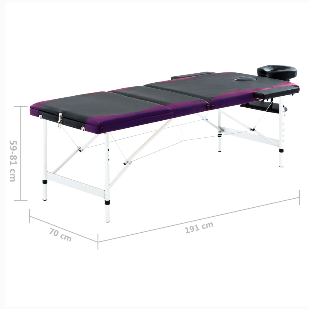 Massagetafel inklapbaar 3 zones aluminium zwart en paars