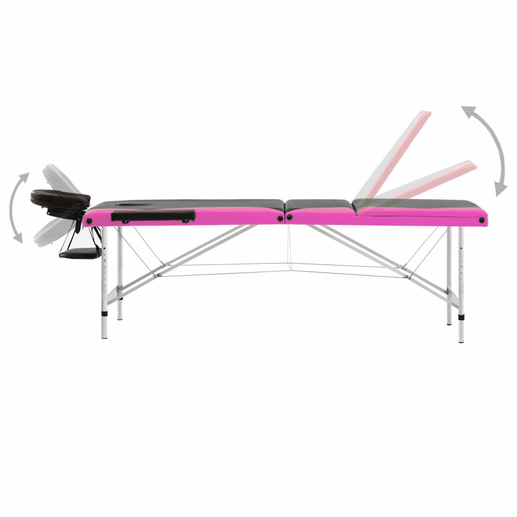 Massagetafel inklapbaar 3 zones aluminium zwart en roze