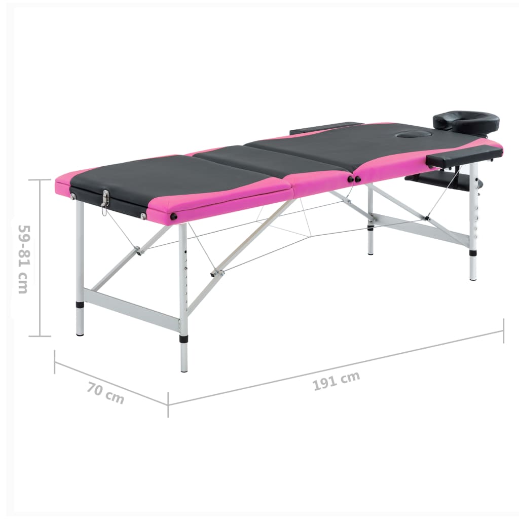 Massagetafel inklapbaar 3 zones aluminium zwart en roze