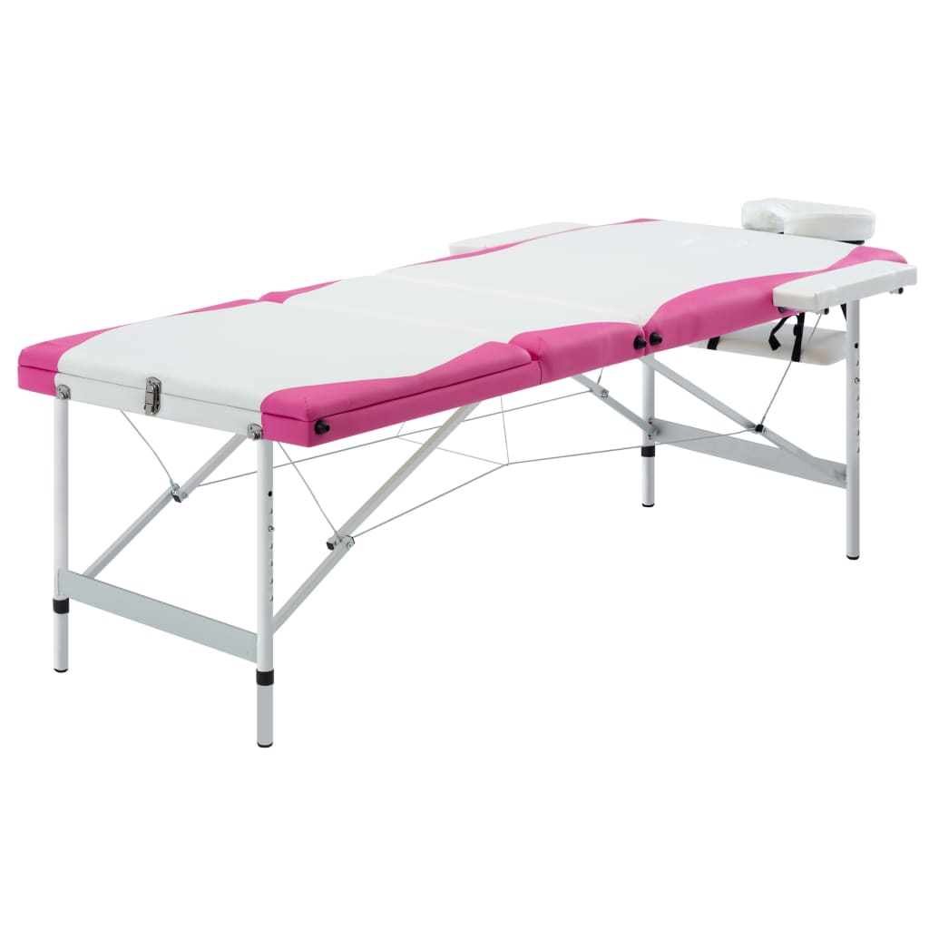 Massagetafel inklapbaar 3 zones aluminium wit en roze