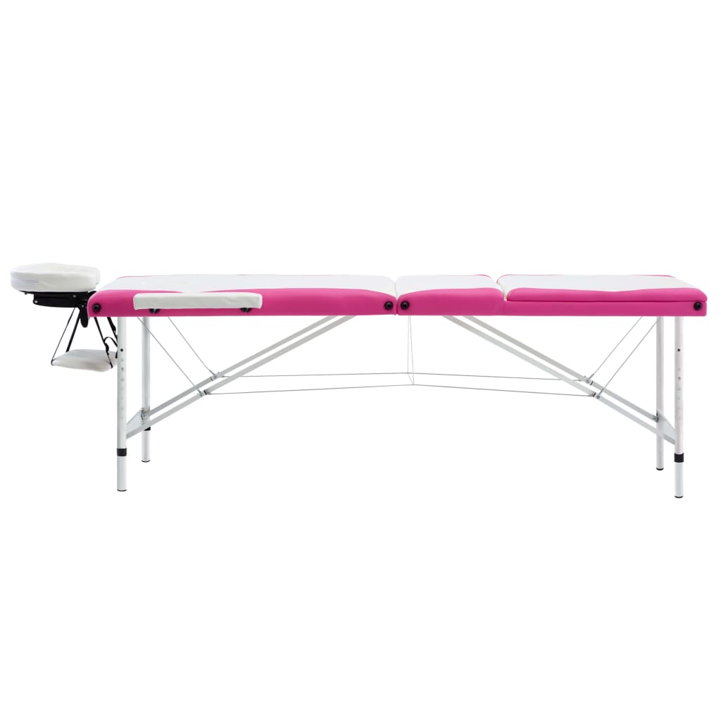 Massagetafel inklapbaar 3 zones aluminium wit en roze