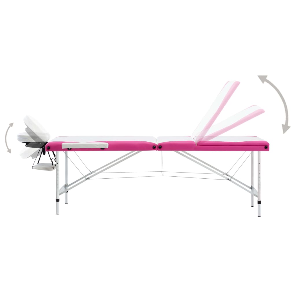 Massagetafel inklapbaar 3 zones aluminium wit en roze