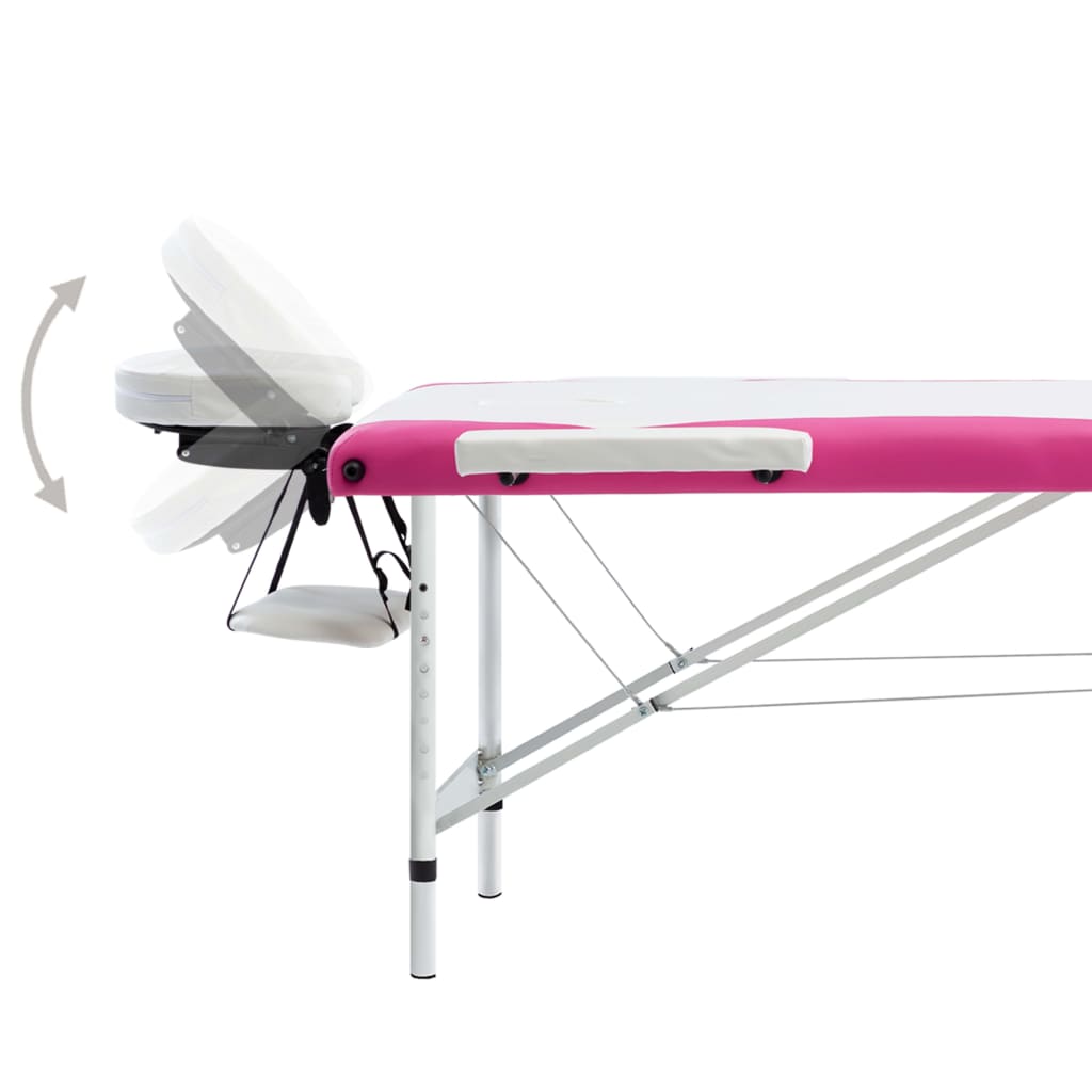 Massagetafel inklapbaar 3 zones aluminium wit en roze