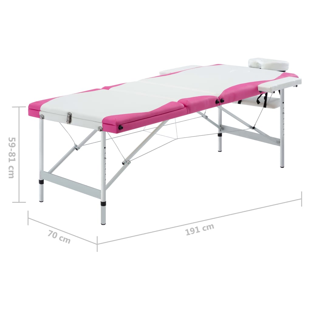 Massagetafel inklapbaar 3 zones aluminium wit en roze