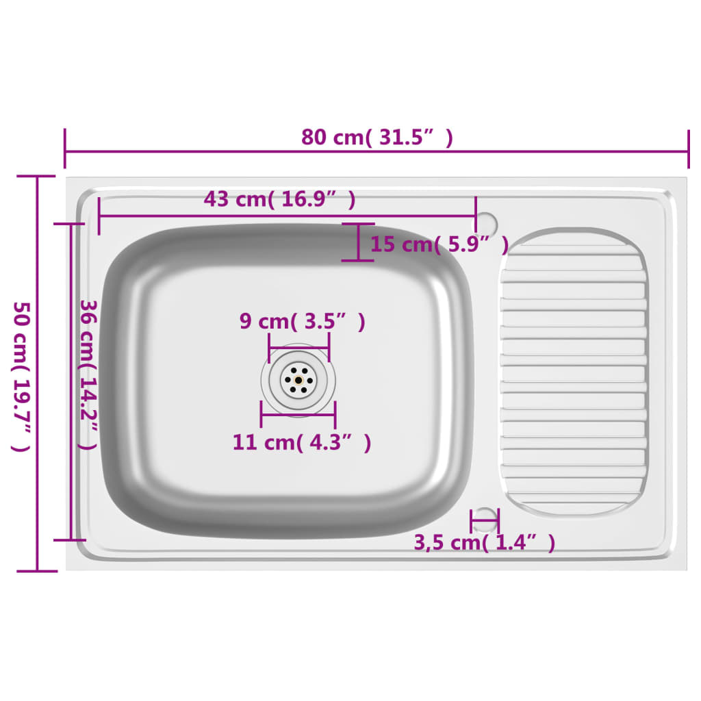 Gootsteen met afvoerset 800x500x155 mm roestvrij staal zilver