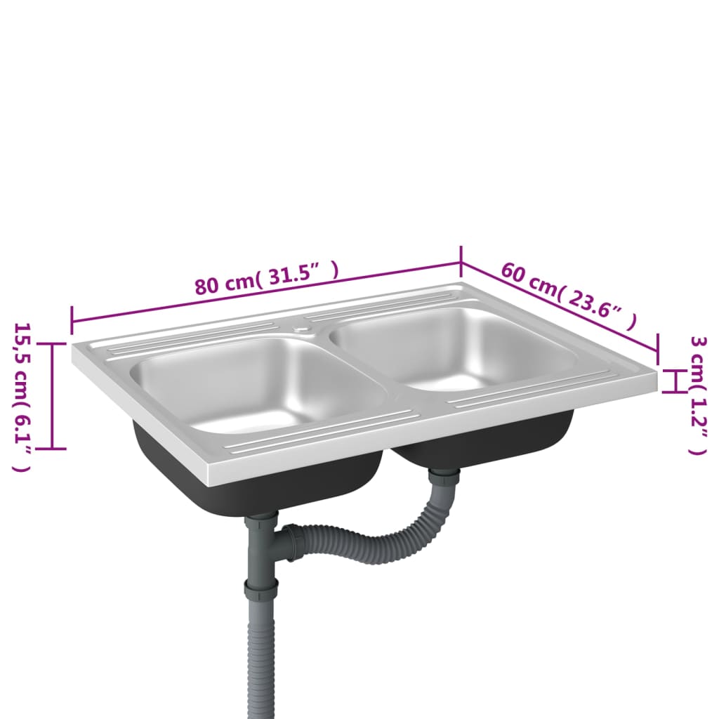 Gootsteen met dubbele bak 800x600x155 mm roestvrij staal zilver