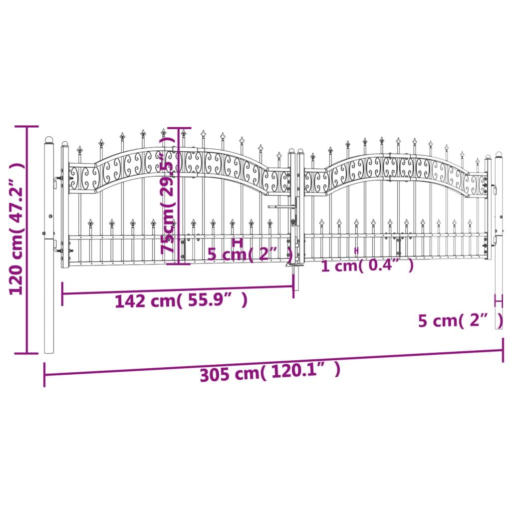 Poort met spijlpunten 305x120 cm gepoedercoat staal zwart